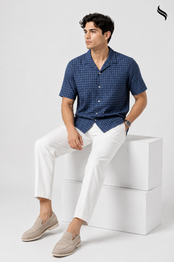 SEESHELL Men's Cuban Collar Shirt Remi Cotton Check Navy (Navy Color) 02