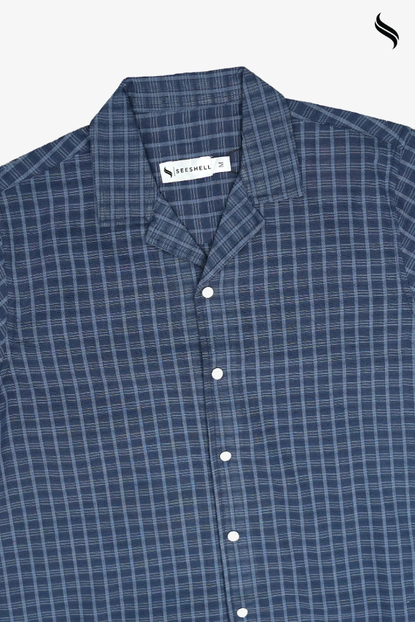 SEESHELL Men's Cuban Collar Shirt Remi Cotton Check Navy (Navy Color) 05