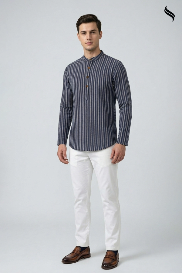 SEESHELL Men's Band Collar Shirt Remi Cotton Navy Blue