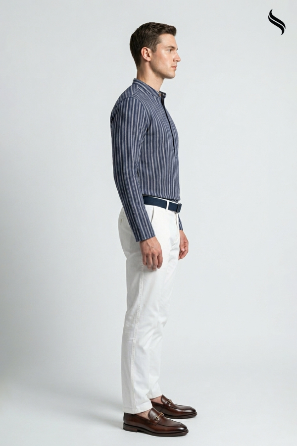 SEESHELL Men's Band Collar Shirt Remi Cotton Navy Blue (Navy blue Color) 02