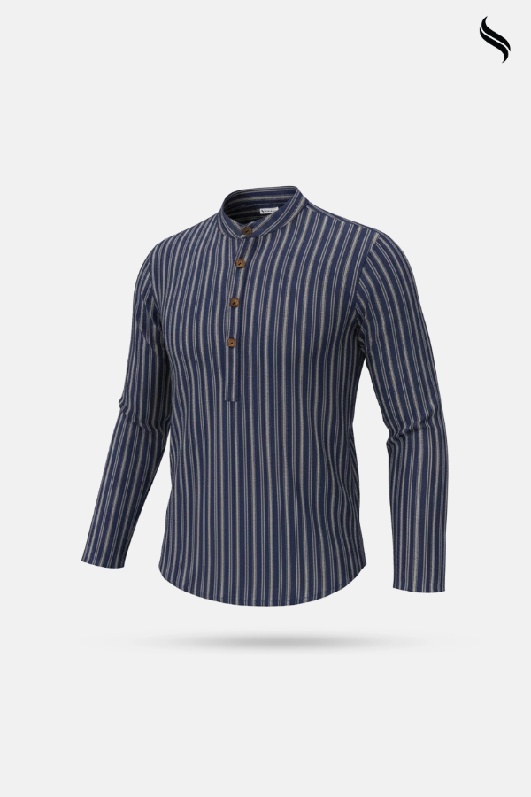 SEESHELL Men's Band Collar Shirt Remi Cotton Navy Blue (Navy blue Color) 03
