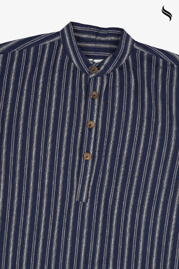 SEESHELL Men's Band Collar Shirt Remi Cotton Navy Blue (Navy blue Color) 05