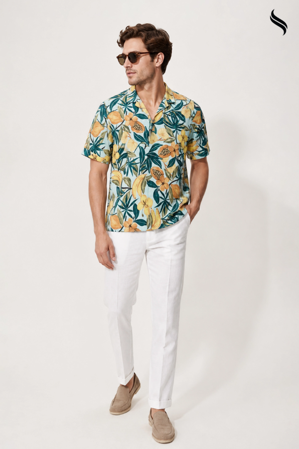 SEESHELL Men's Cuban Shirt Blended Cotton Floral Normandy Gray