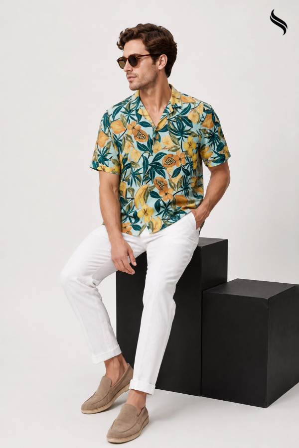 SEESHELL Men's Cuban Shirt Blended Cotton Floral Normandy Gray (Floral Print Color) 02