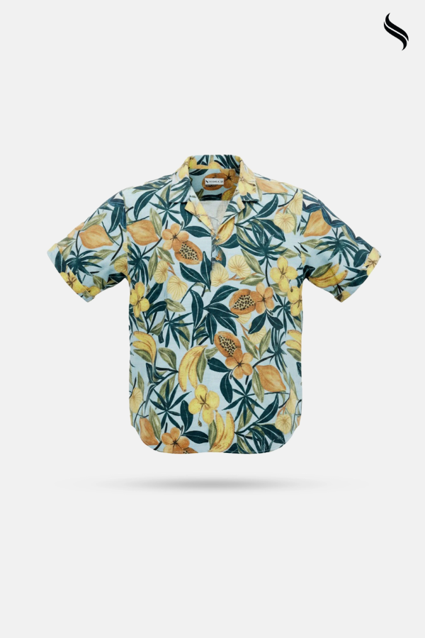 SEESHELL Men's Cuban Shirt Blended Cotton Floral Normandy Gray (Floral Print Color) 03