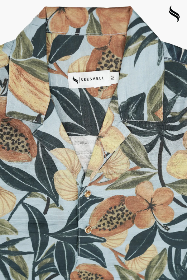 SEESHELL Men's Cuban Shirt Blended Cotton Floral Normandy Gray (Floral Print Color) 04