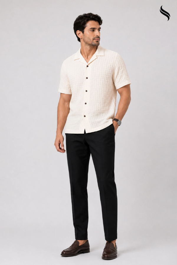 SEESHELL Men's Cuban Shirt Woven Cotton Texture Off White