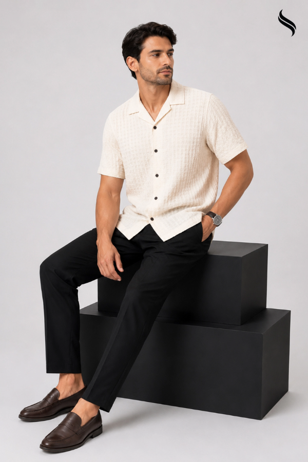 SEESHELL Men's Cuban Shirt Woven Cotton Texture Off White (Off-white Color) 02