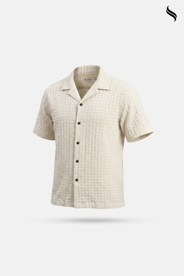 SEESHELL Men's Cuban Shirt Woven Cotton Texture Off White (Off-white Color) 03