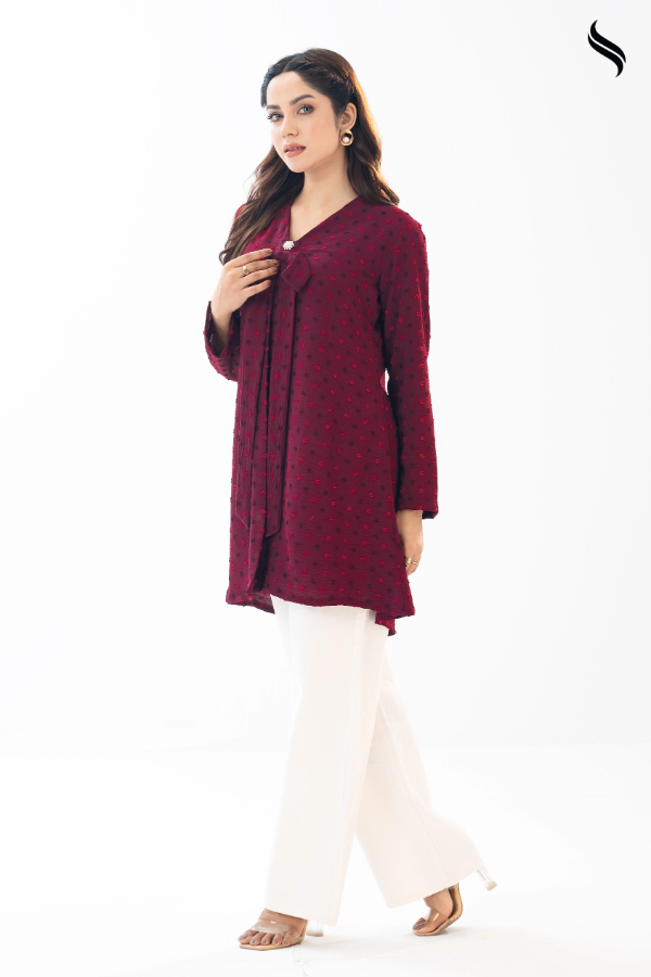 Maroon Embossed Polka Dot Bow Top