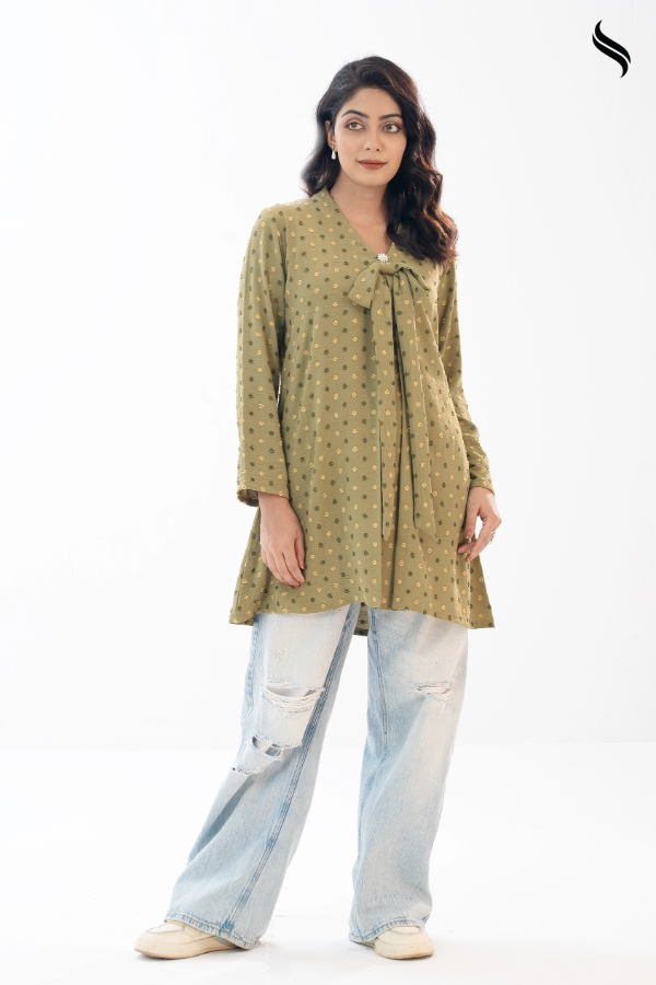 Olive Embossed polka dot bow top (Olive Color) 01