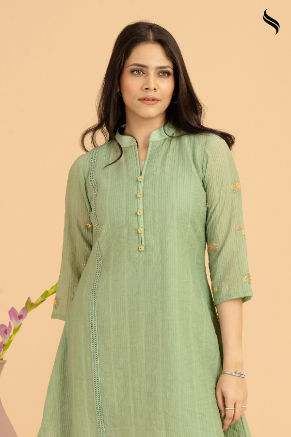 Olive embroidery work Semi casual one piece dress (Olive Color) 02