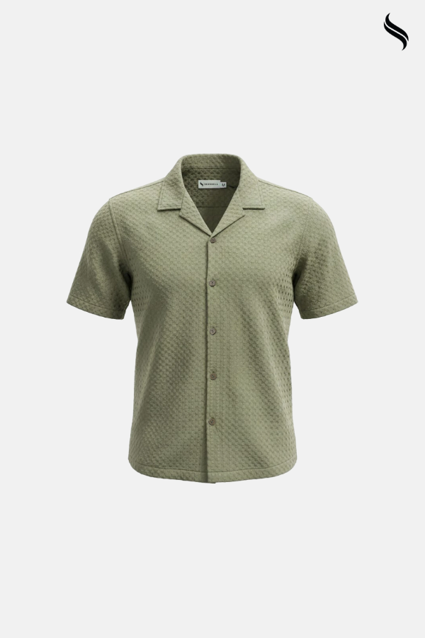 SEESHELL Men's Cuban Shirt Woven Cotton Embossed Olive (Olive Color) 03