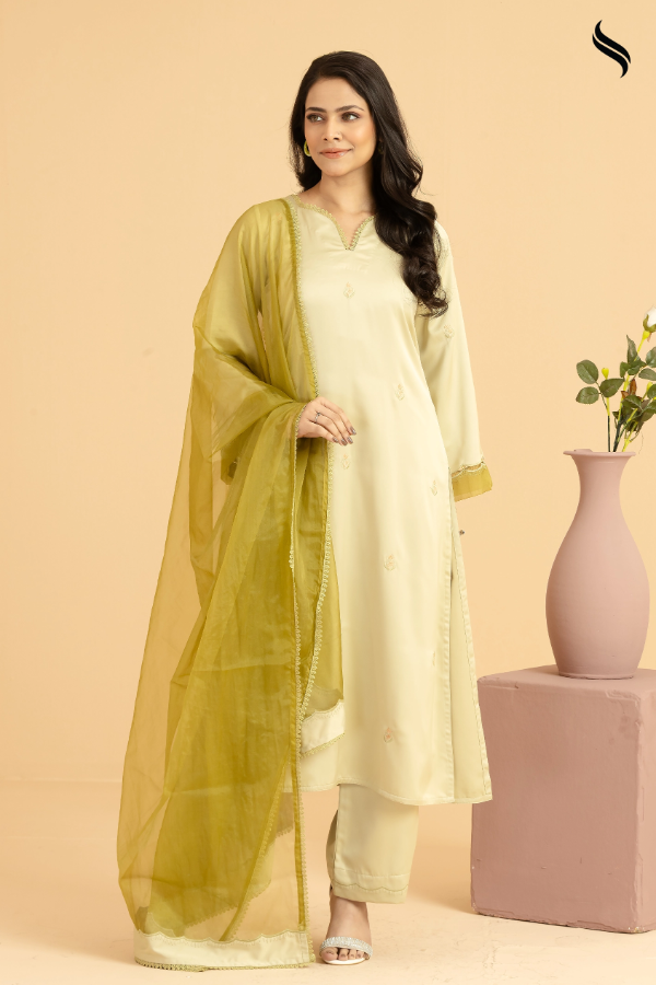 SEESHELL Women's Three Piece Dubai Silk Muslin Olive Green