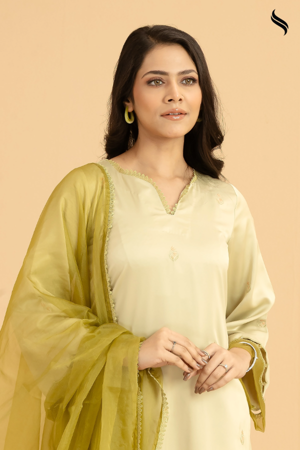 SEESHELL Women's Three Piece Dubai Silk Muslin Olive Green (Olive green Color) 02