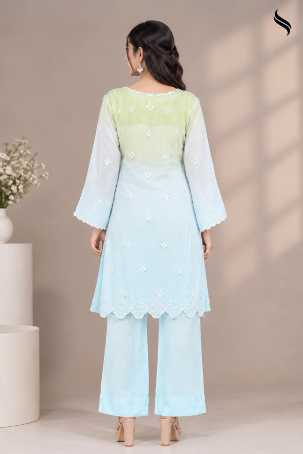 SEESHELL Women's 2pcs Boat Neck Zari Silk Ombre (Lime-sky blue ombre Color) 02