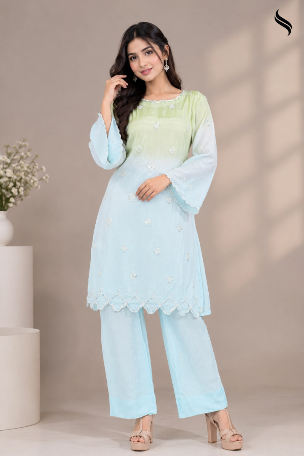 SEESHELL Women's 2pcs Boat Neck Zari Silk Ombre