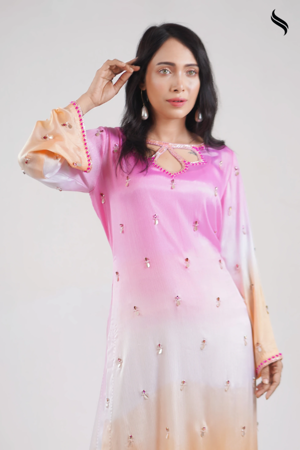 Ombre Silk Two Piece Set With Cutwork Neckline (Ombre pink-orange Color) 01