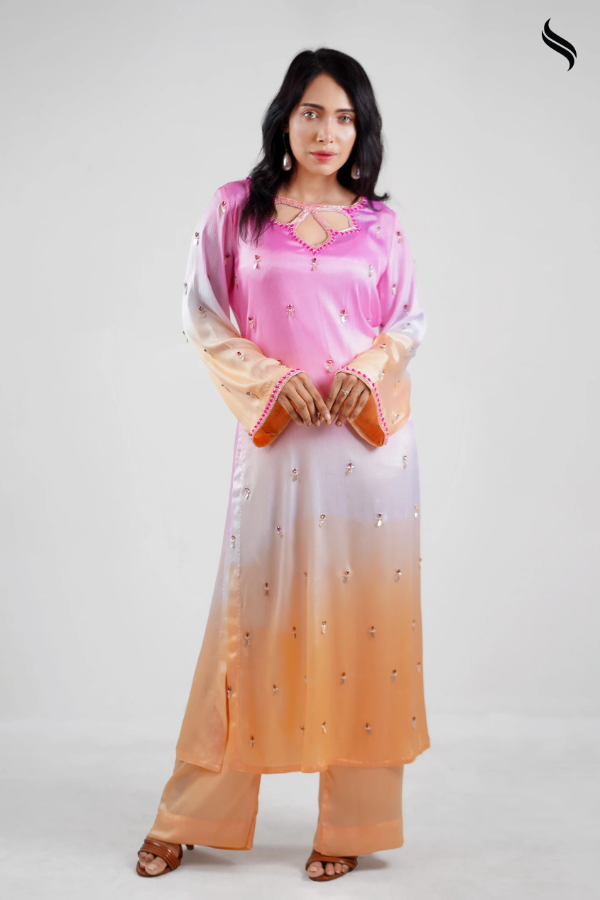 Ombre Silk Two Piece Set With Cutwork Neckline (Ombre pink-orange Color) 02