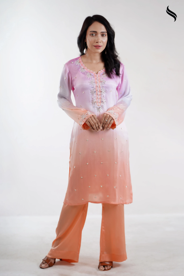 Ombre Silk Two Piece Set With Scalloped Neckline (Ombre pink-peach Color) 02