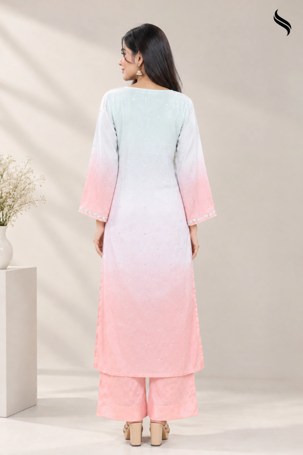 SEESHEEL Women's 2pcs V Neck Zari Silk Mint Peach Ombre (Mint-peach ombre Color) 02