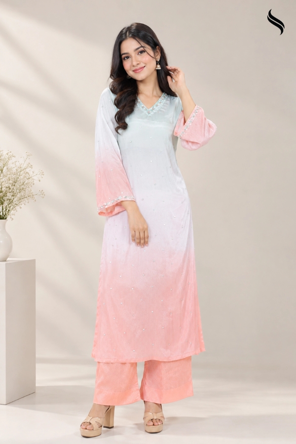 SEESHEEL Women's 2pcs V Neck Zari Silk Mint Peach Ombre