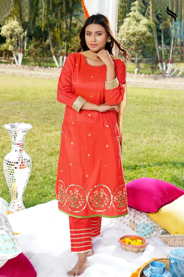 Orange-red Three Piece Set With Zardousi Work (Red Color) 04