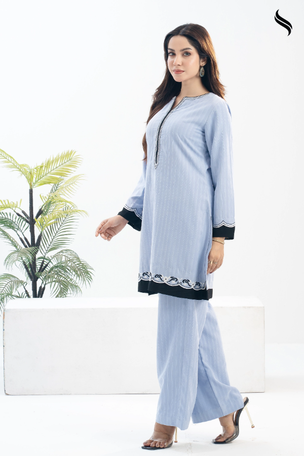 SEESHELL Women's Co Ord Corduroy Cotton Embroidery Pale Blue