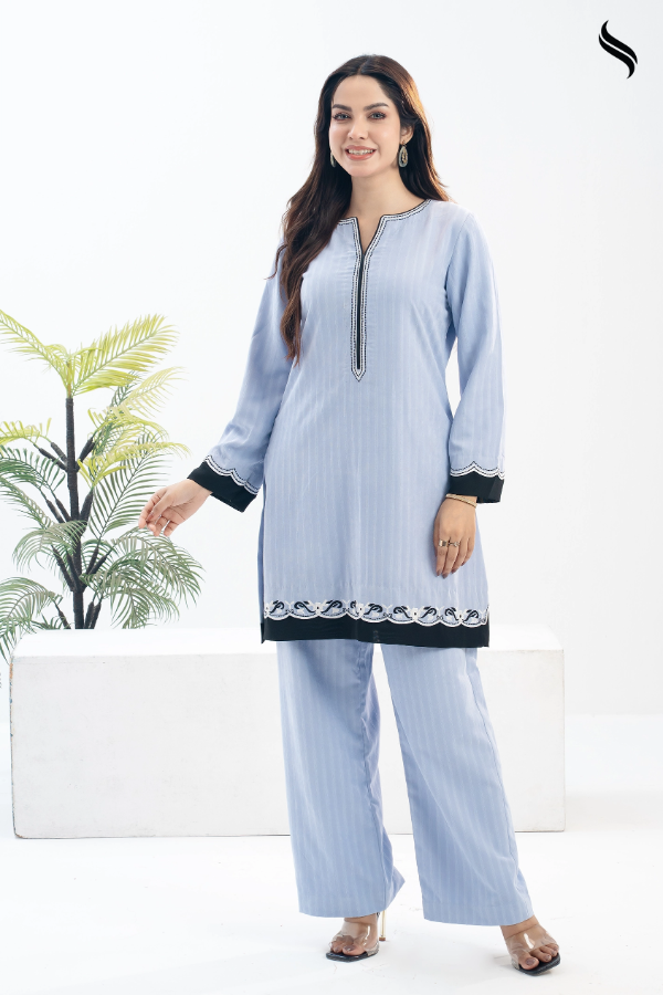 SEESHELL Women's Co Ord Corduroy Cotton Embroidery Pale Blue (Pale Blue Color) 02