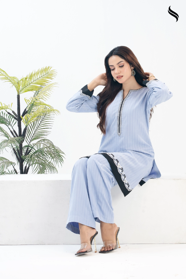 SEESHELL Women's Co Ord Corduroy Cotton Embroidery Pale Blue (Pale Blue Color) 03
