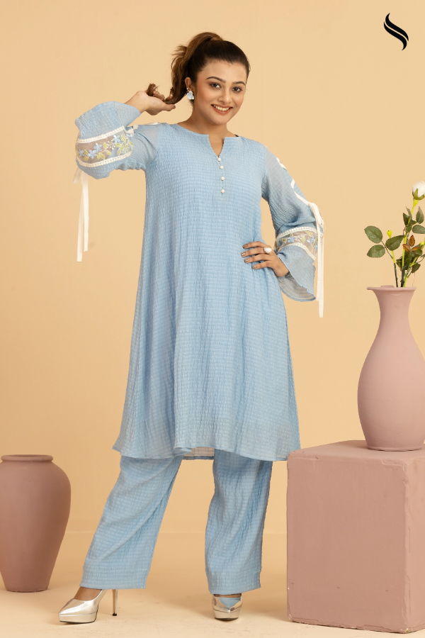 SEESHELL Women's Two Piece Applique Embroidery Pale Blue