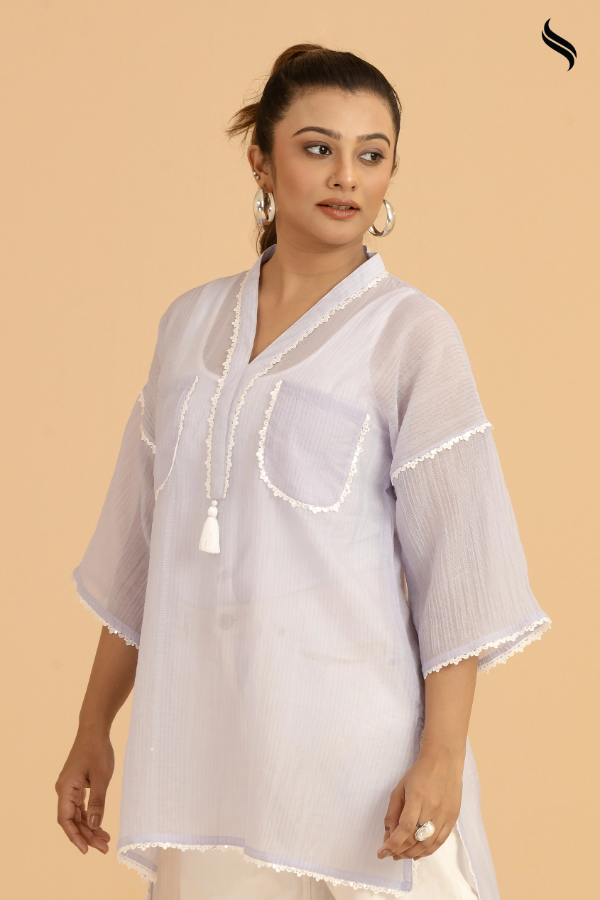 SEESHELL Women's Top Blended Silk Lace Detail Pale Lavender (Pale Lavender Color) 02