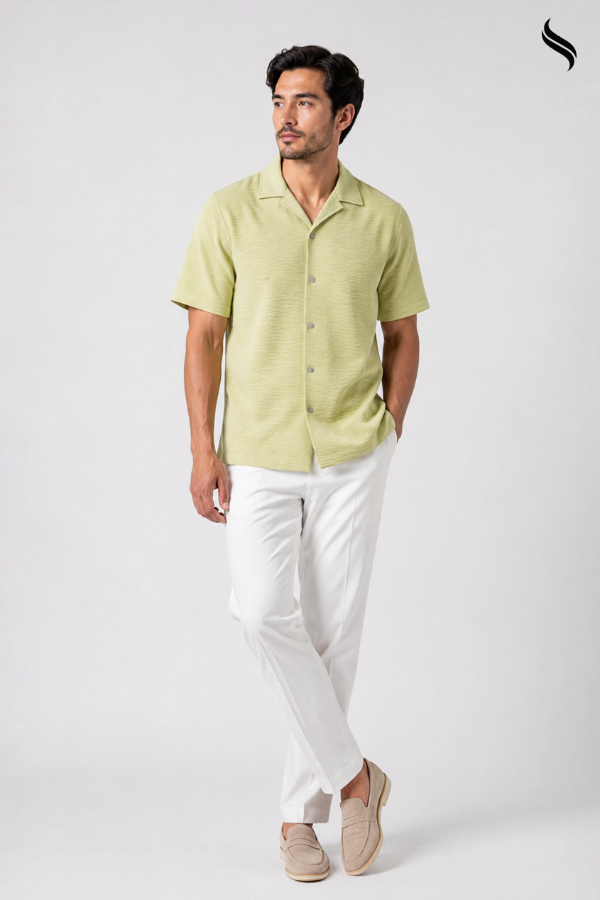 SEESHELL Men's Cuban Shirt Crinkle Cotton Pale Yellow