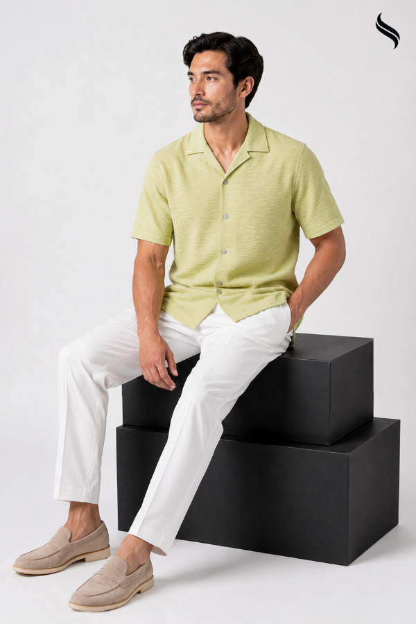 SEESHELL Men's Cuban Shirt Crinkle Cotton Pale Yellow (Pale Yellow Color) 02
