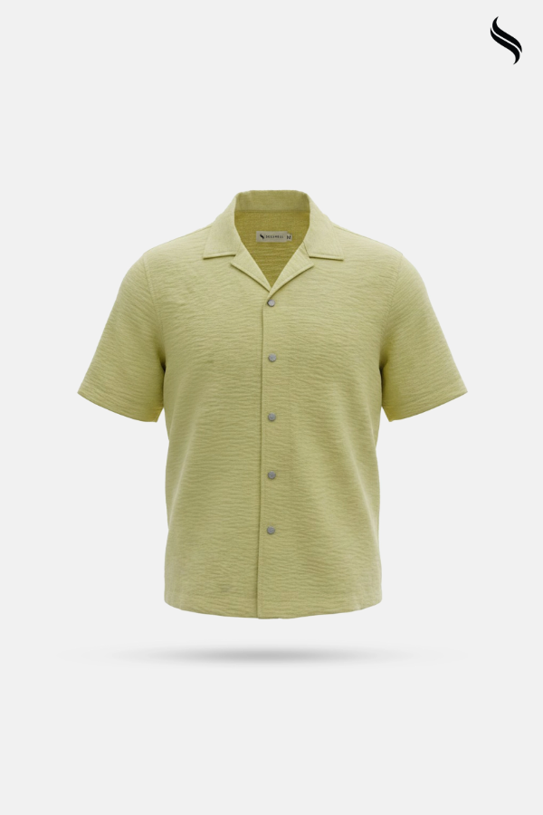 SEESHELL Men's Cuban Shirt Crinkle Cotton Pale Yellow (Pale Yellow Color) 03