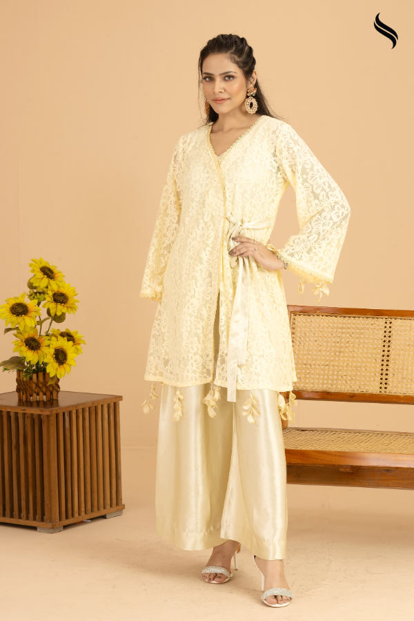 SEESHELL Women's Two Piece Mesh Crystal Embellishment Pale Yellow
