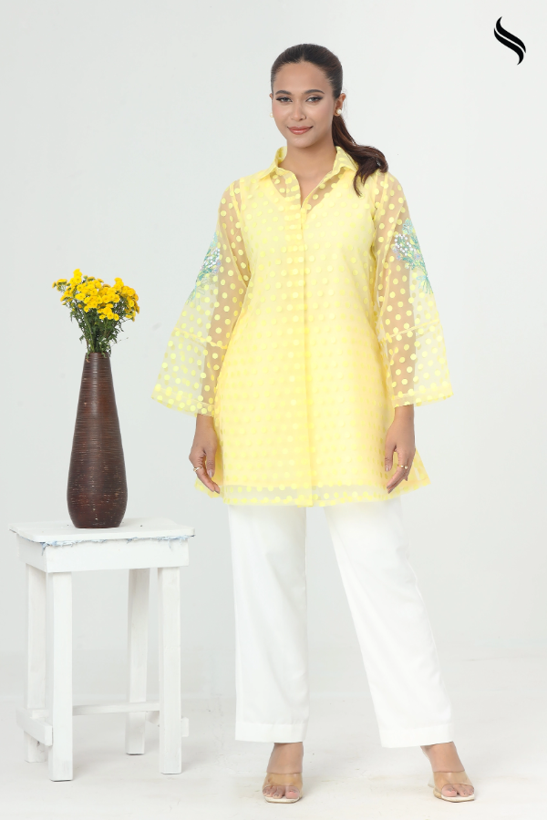 SEESHELL Women's Top Organza Polka Dot Beadwork Pale Yellow