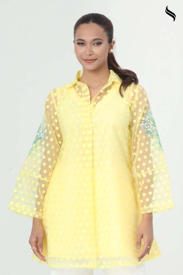 SEESHELL Women's Top Organza Polka Dot Beadwork Pale Yellow (Pale Yellow Color) 02