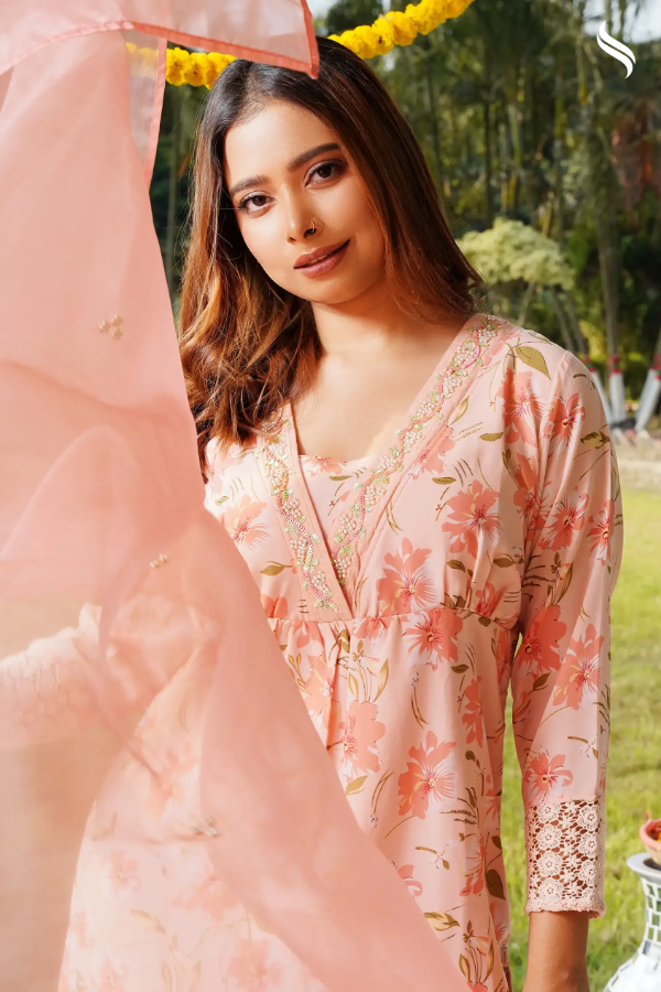 Peach Floral Print Three Piece Set (Pink Color) 01