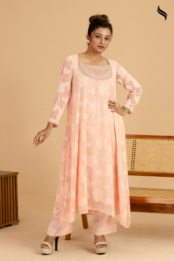 SEESHELL Women's Two Piece Premium Georgette Zardosi Peach