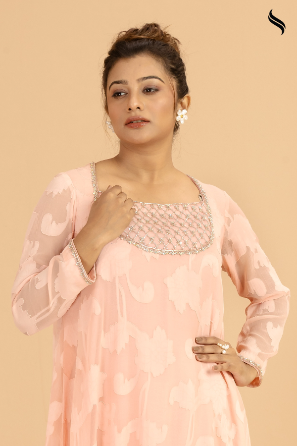 SEESHELL Women's Two Piece Premium Georgette Zardosi Peach (Peach Color) 02
