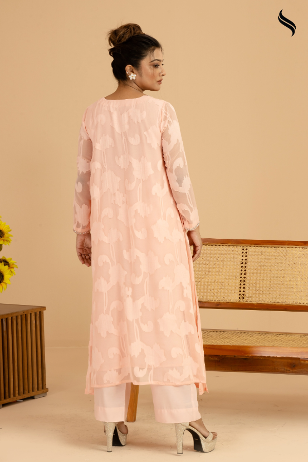 SEESHELL Women's Two Piece Premium Georgette Zardosi Peach (Peach Color) 03