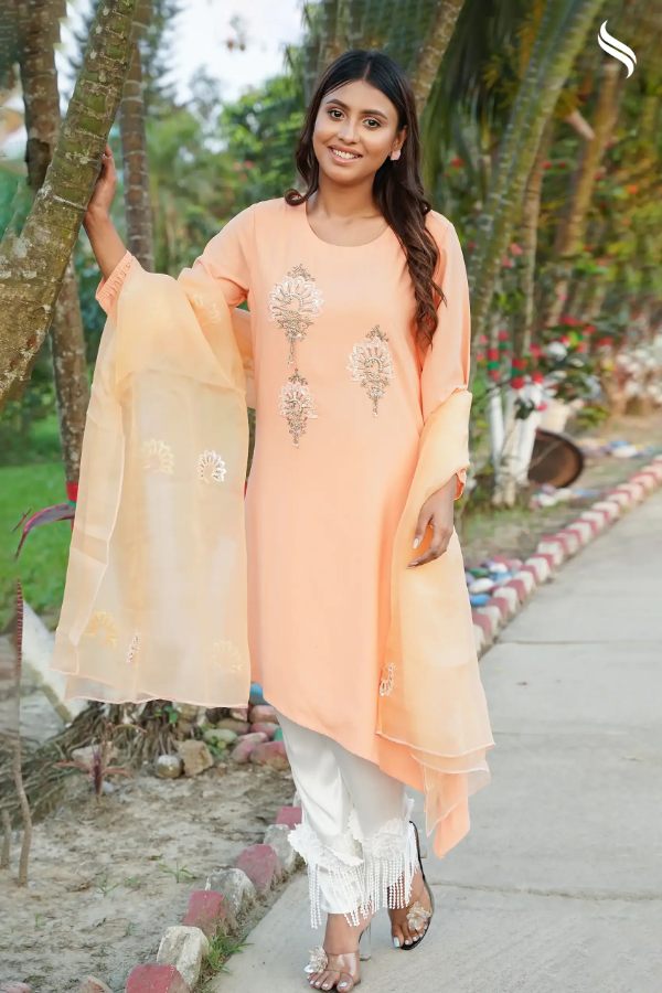 SEESHELL Women's Pearl Work Round Neck three Pcs Georgette Peach (Peach color Color) 02