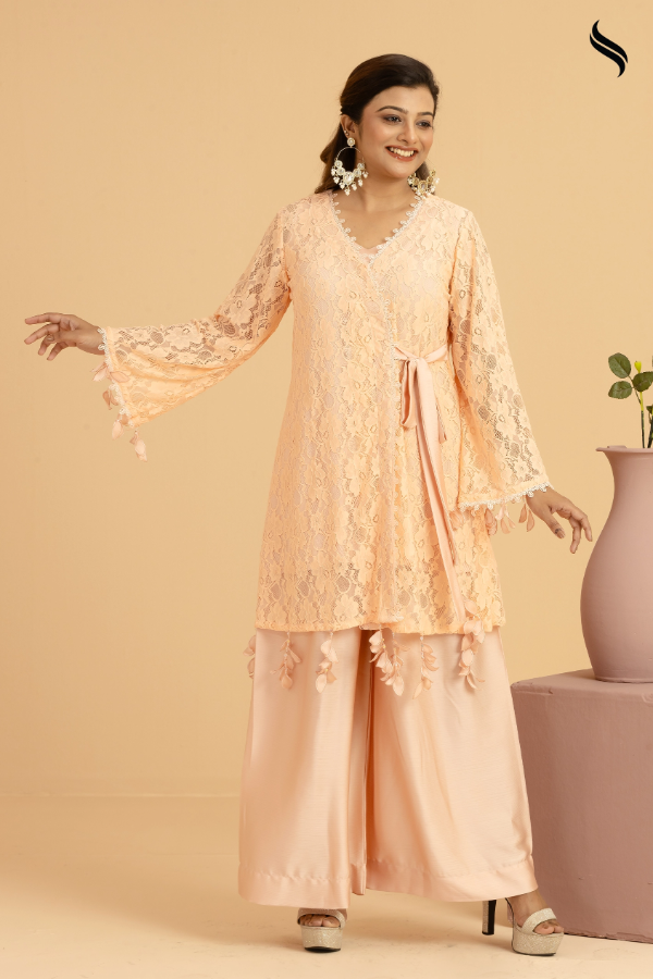 SEESHELL Women's Two Piece Net Wrap Crystal Fringe Peach