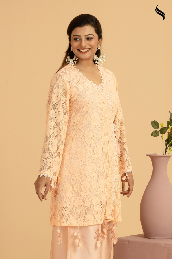 SEESHELL Women's Two Piece Net Wrap Crystal Fringe Peach (Peach Color) 02