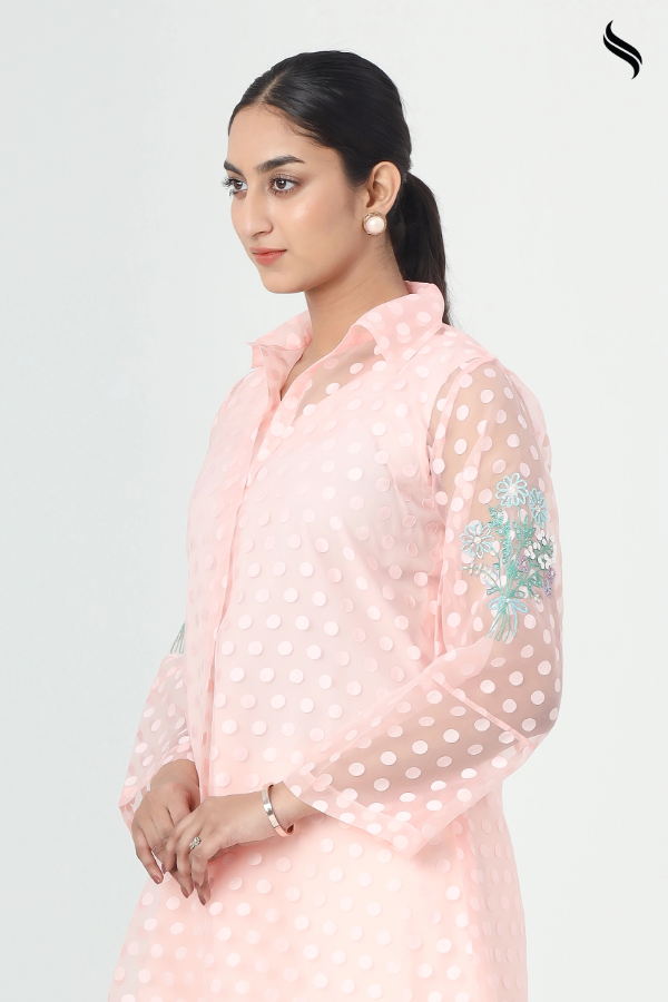 SEESHELL Women's Top Matte Embossed Organza Polka Dot Peach (Pale Peach Color) 02