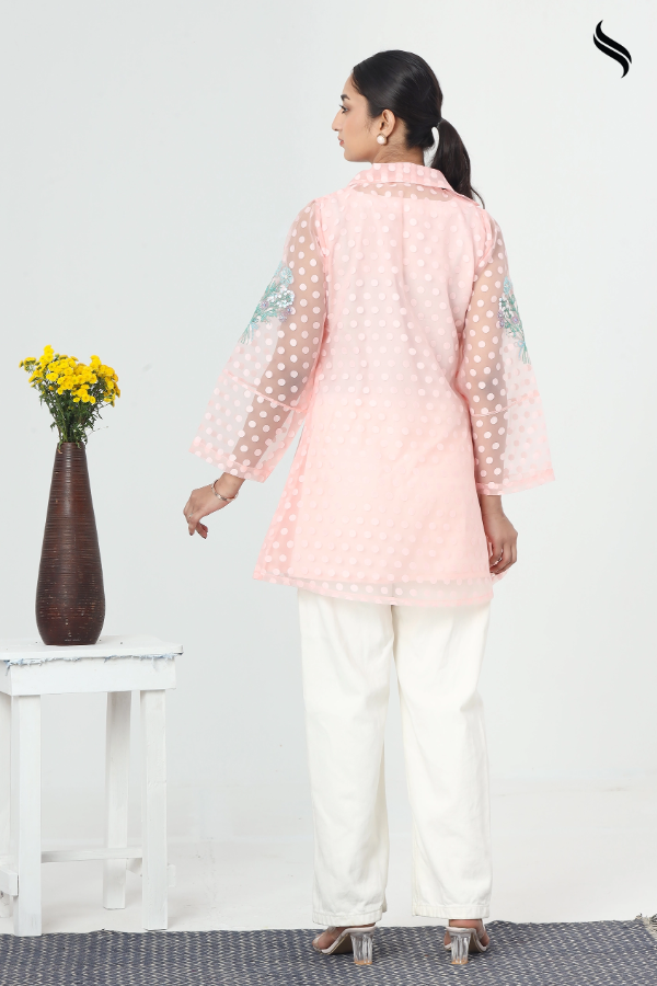 SEESHELL Women's Top Matte Embossed Organza Polka Dot Peach (Pale Peach Color) 03