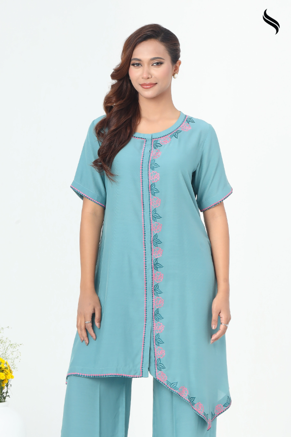 SEESHELL Women's Co-Ords Cotton Embroidery Pale Turquoise (Pine Green Color) 02