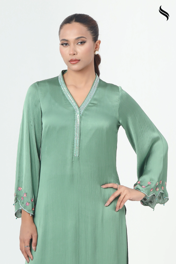 SEESHELL Women's Two Piece Silk Karchupi Pine Green (Pine Green Color) 02