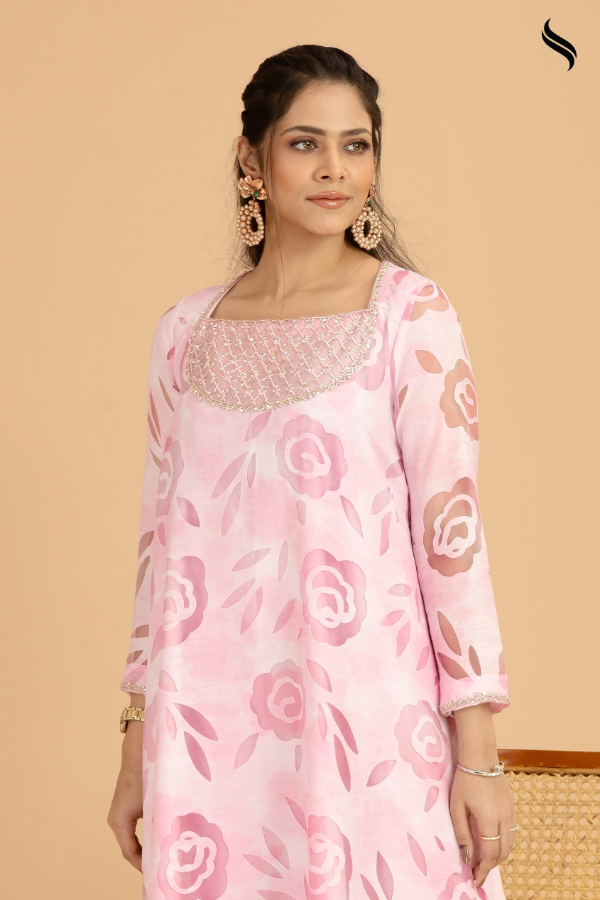 SEESHELL Women's Two Piece Georgette Floral Zardosi Pink (Pink Color) 02